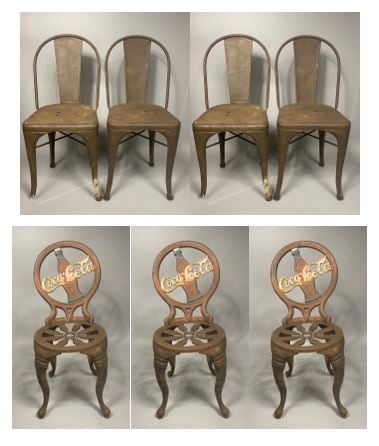 Suite de trois chaises de jardin en fonte peinte et siglées de la maison Coca-C…