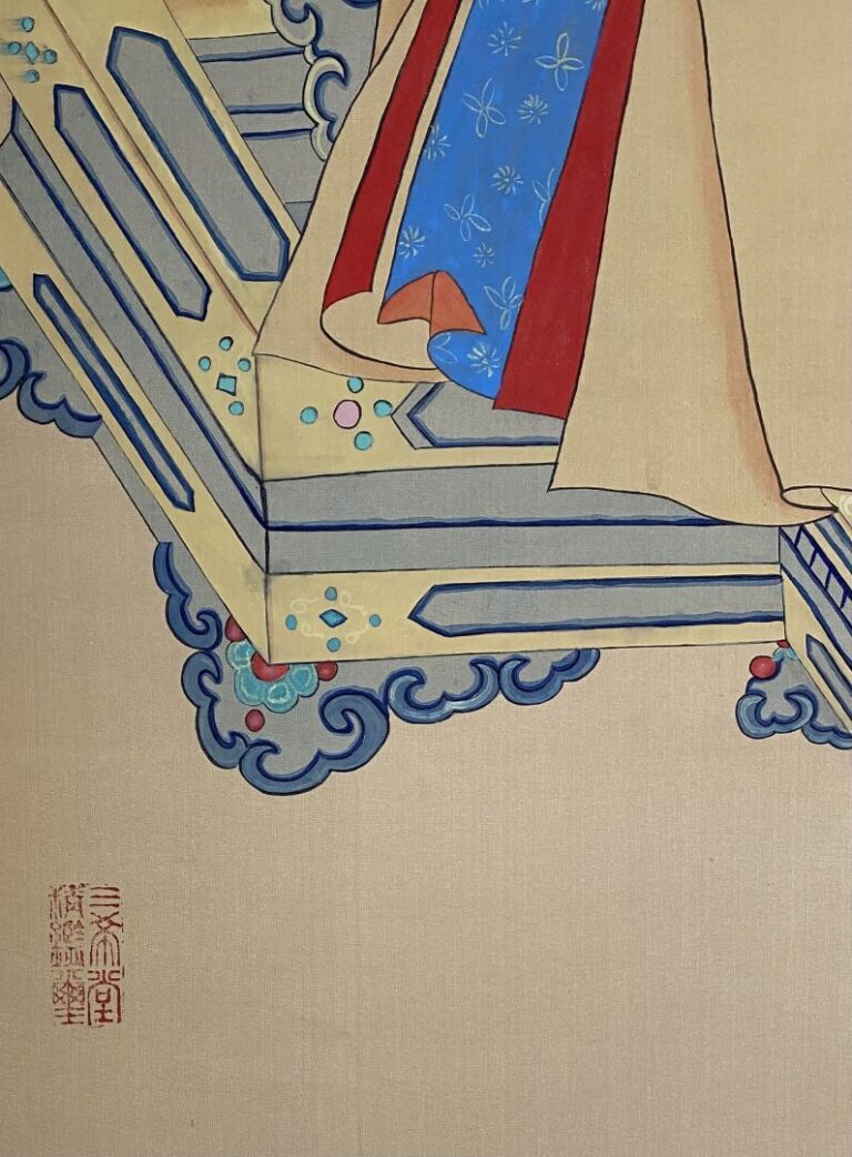 Chine - Dignitaire représenté assis sur une chaise à décor de dragons - Peintur…