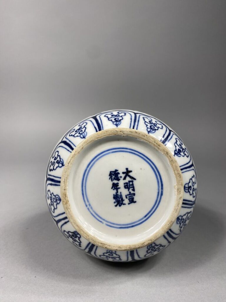 Chine - Vase piriforme en porcelaine à décor exécuté en bleu cobalt structuré e…