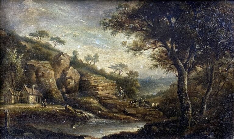 Dans le gout d'HOBBEMA - Deux panneaux formant pendant - Scène animée et paysag…