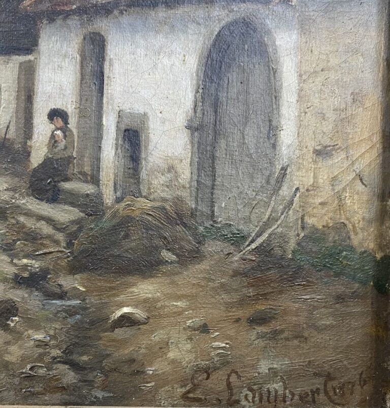E. LAMBERT - Scène animée dans une basse cour - Huile sur toile - Signée en bas…