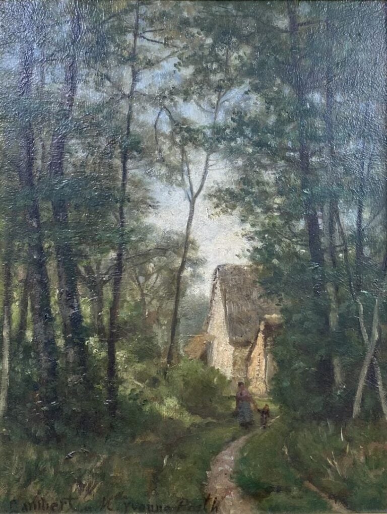Ecole du XIXe siècle - Mère et enfant dans un sous-bois - Huile sur panneau - P…