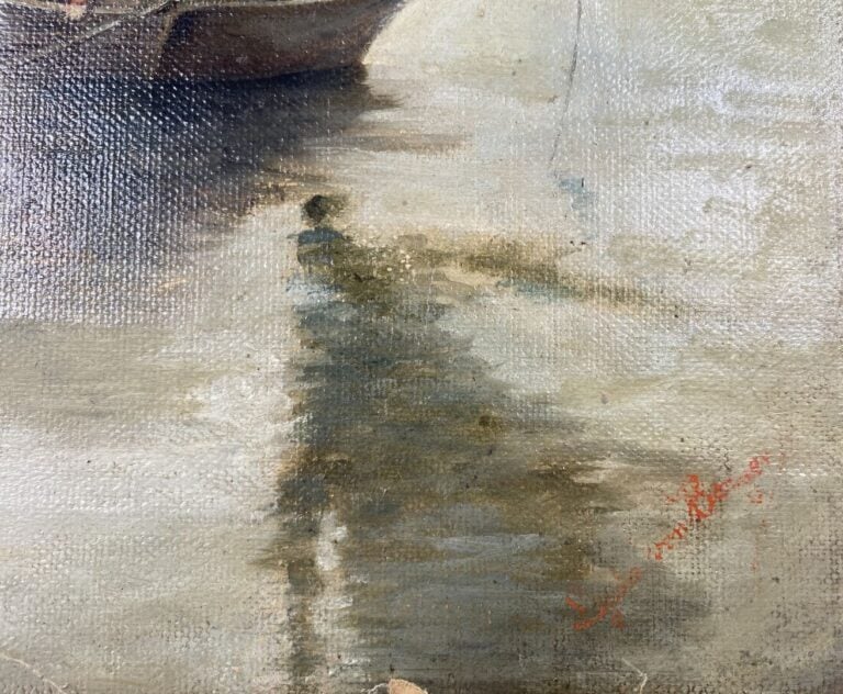 Ecole du XXe siècle - Amoureux sur une barque - Huile sur toile contrecollée su…
