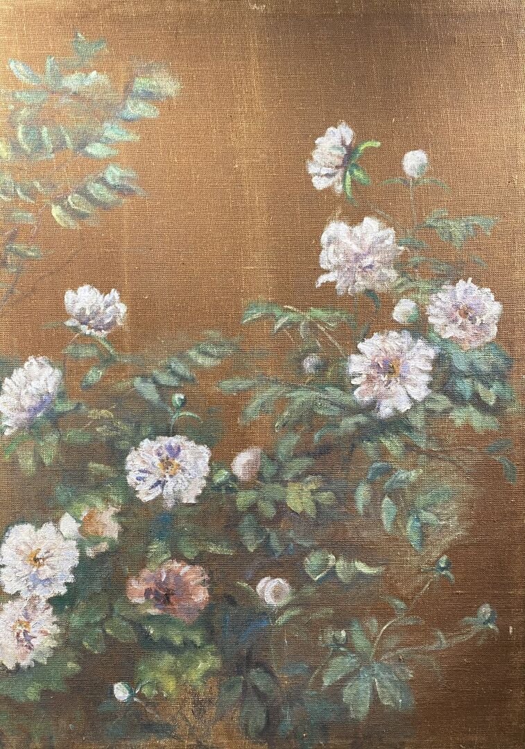 Ecole du XXe siècle - Ensemble de deux panneaux formant composition florale sur…