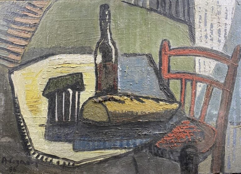 Ecole du XXe siècle - Nature morte à la bouteille de vin et baguette - Huile su…