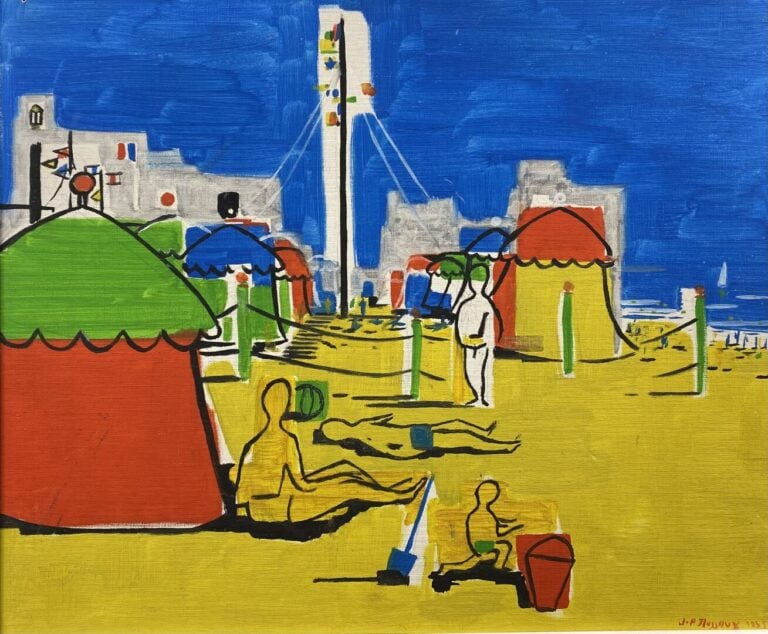 Ecole du XXe siècle - Scène animée sur une plage - Huile sur isorel - Signé et…
