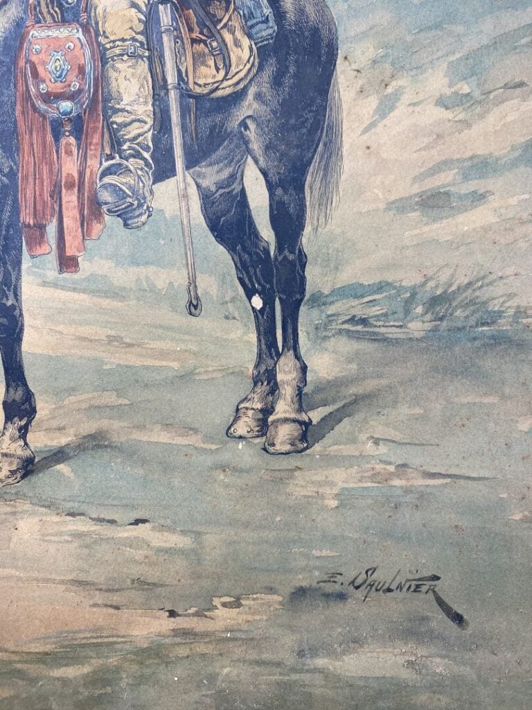 Emmanuel SAULNIER (1952) - Soldat à cheval - Gravure réhaussée - Signé en bas à…