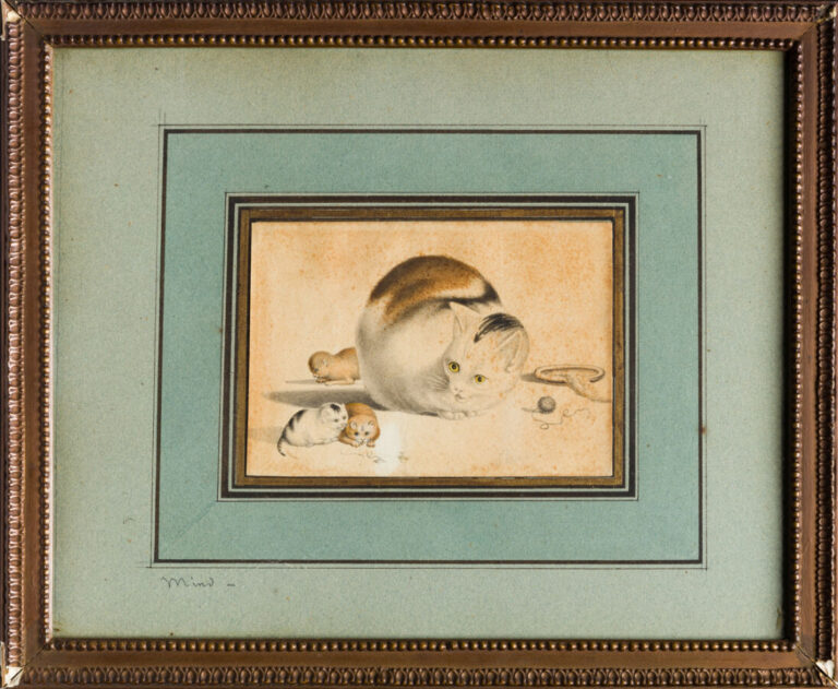 Gottfried MIND (1768-1814) - Chatte et chatons - Aquarelle sur papier - 10.4 x…