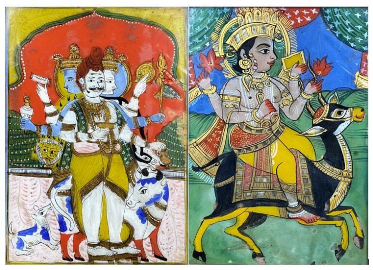 Inde - Suite de deux peintures sur verre représentant des personnages entourés…