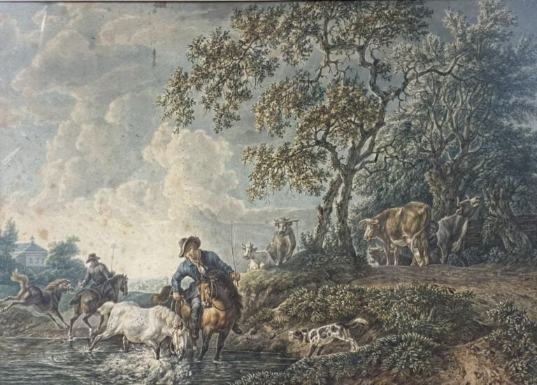 Lot de gravures encadrées dont scènes galantes, cavaliers, etc, et divers