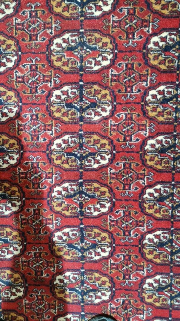 Tapis Boukhara royal à décor de colonnes de ghüls sur fond rouge. La bordure es…