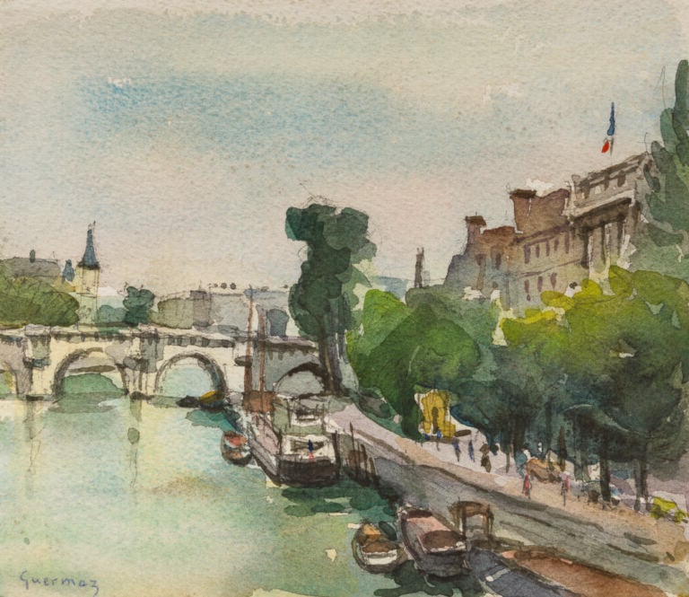 Abdelkader GUERMAZ (1919-1996) - Pont Neuf à Paris - Encre sur papier, signée e…