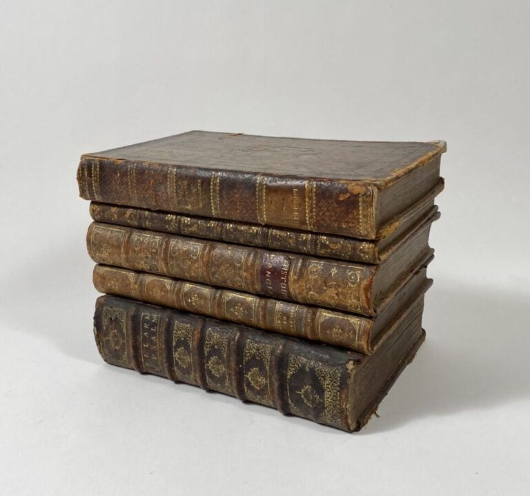 CAVE A LIQUEURS en forme de pile livres anciens en cuir renfermant deux carafes…