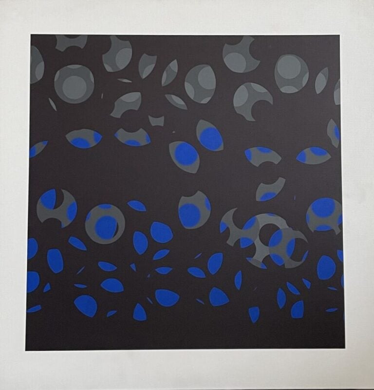 Composition bleue grise sur fond marron - Acrylique sur toile, numero 10 au dos…