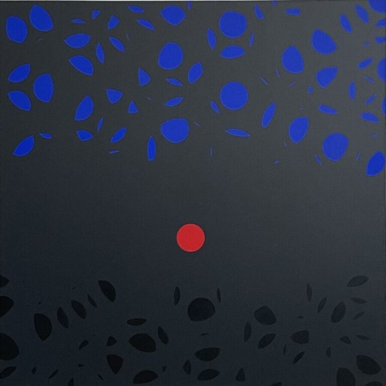 Composition bleue, rouge, noire sur fond gris - Acrylique sur toile - 100 x 100…