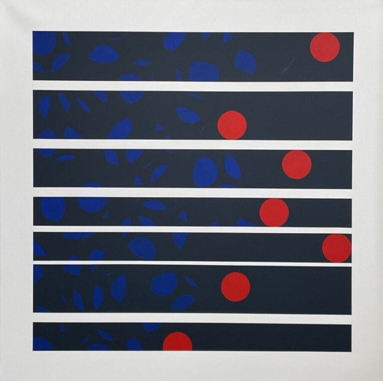 Composition cercle rouge et bleu sur fond noir, barre transversale blanche - Ac…