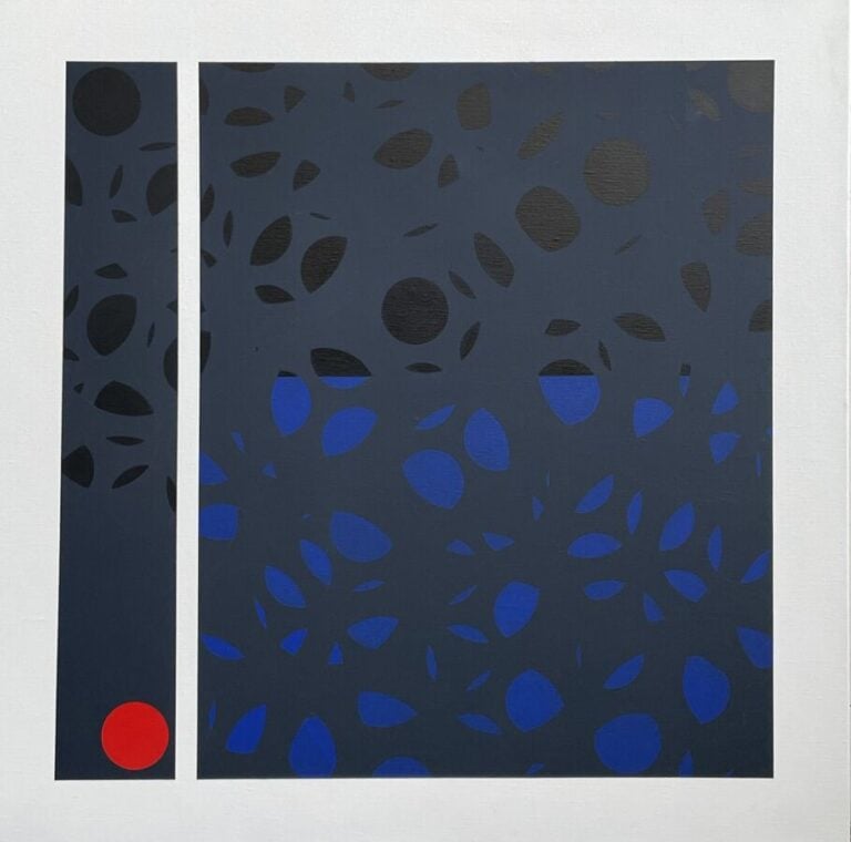 Composition cercle rouge , forme bleue, noire sur fond gris, barre transversale…