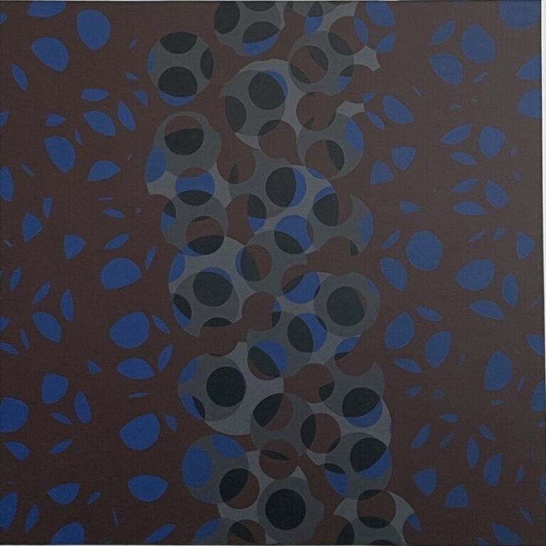 Composition cercles bleus, noirs, gris sur fond marron - Acrylique sur toile -…