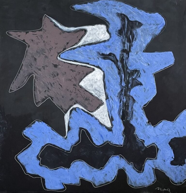 Composition forme bleue, grise sur fond noir, 2013 - Acrylique sur toile, monog…