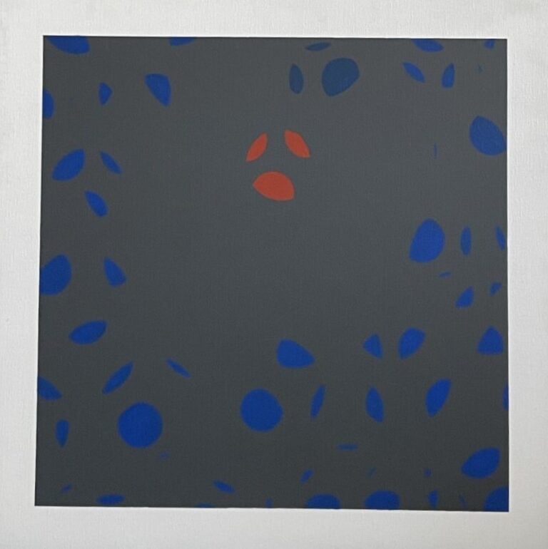 Composition forme bleue, rouge, grise sur fond noir, 1996 - Acrylique sur toile…