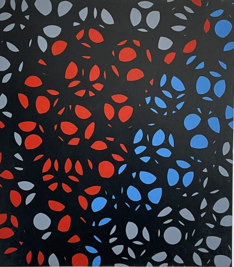 Composition forme bleue, rouge, grise sur fond noir - Acrylique sur toile, - 10…