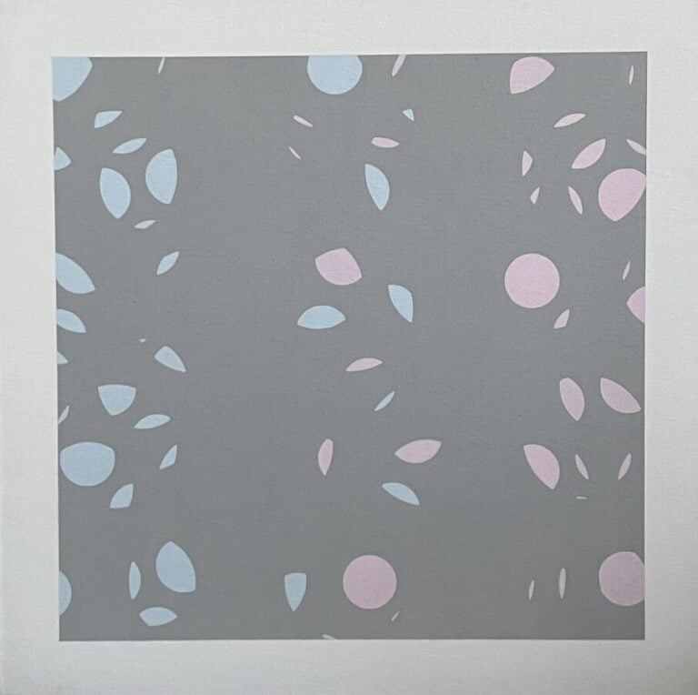 Composition forme circulaire rouge clair, bleu ciel sur fond gris - Acrylique s…