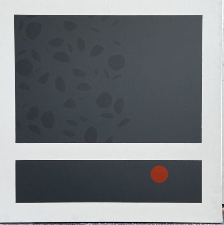 Composition forme circulaire rouge sur fond gris et barre blanche - Acrylique s…