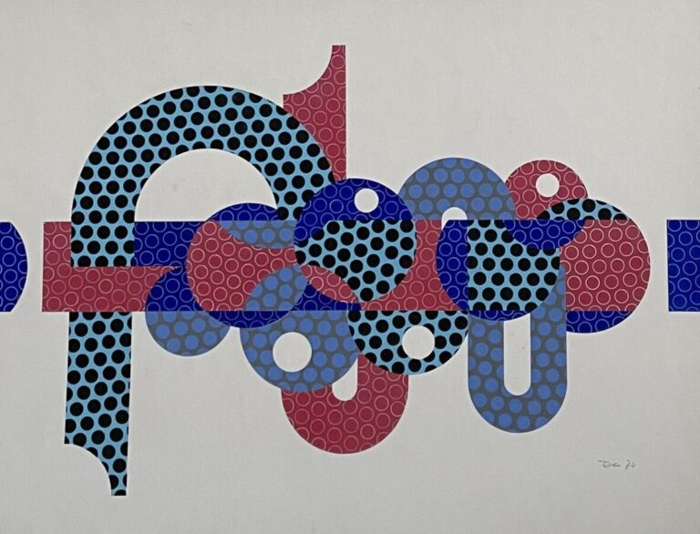 Composition géométrique cercles, 1974 - Pochoir à la gouache, sur papier marouf…