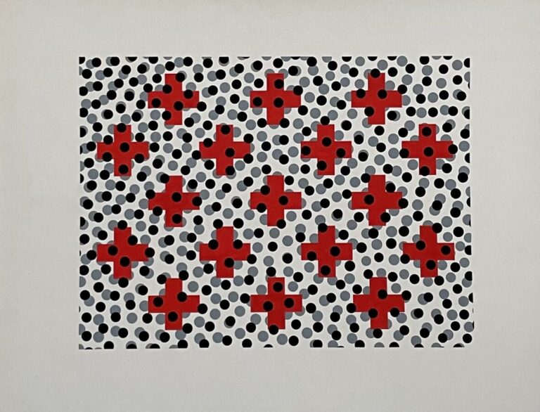 Composition géométrique croix rouge - Pochoir à la gouache, sur papier marouflé…
