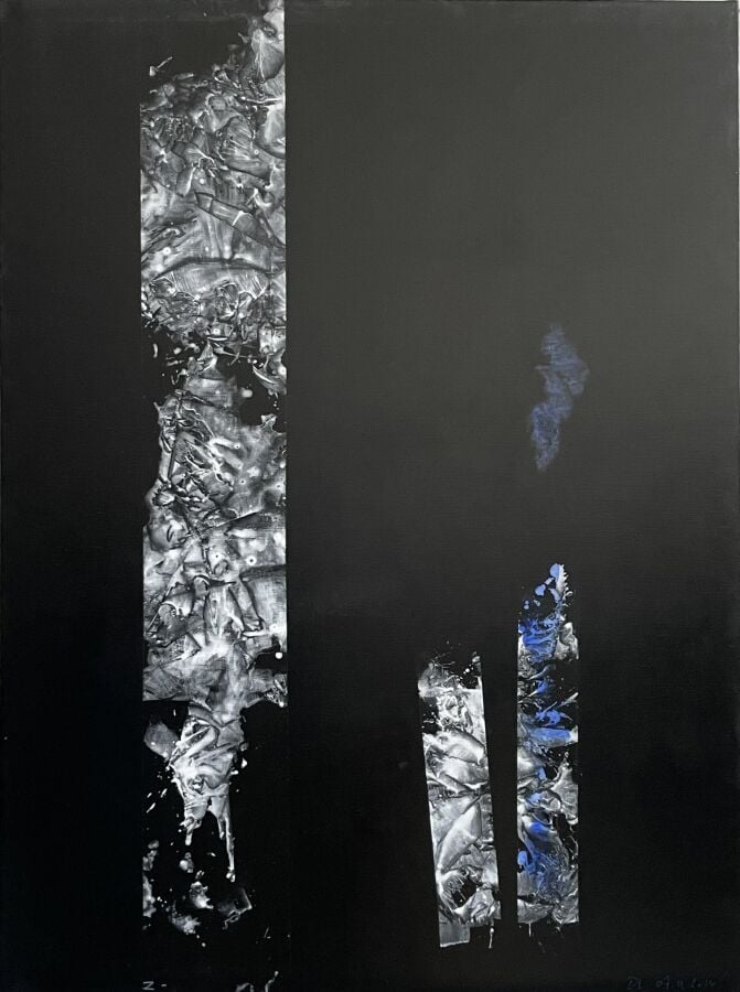 Composition grise, noire et bleue , - Acrylique sur toile, monogrammée et datée…