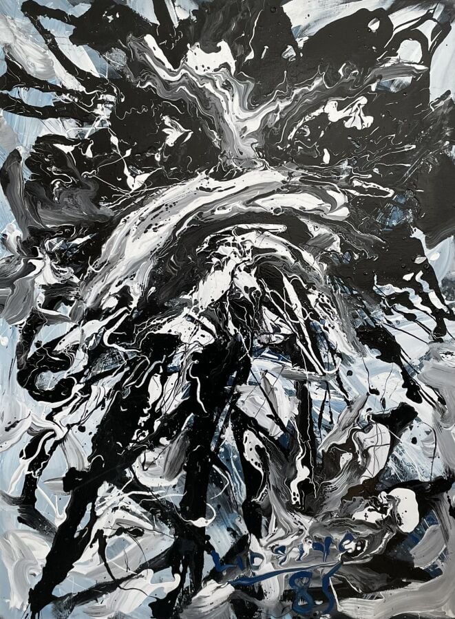 Composition noire, blanche et bleue, 1985 - Acrylique sur toile, signée et daté…