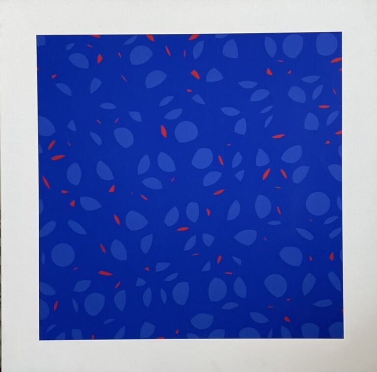 Composition rouge, bleue sur fond bleu - Acrylique sur toile, - 100 x 100 cm