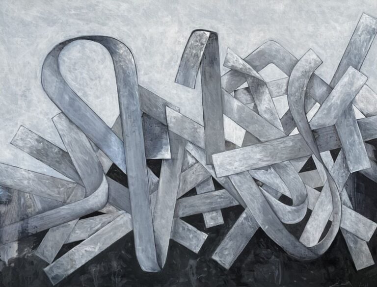 Composition ruban blanc, gris - Acrylique sur toile - 97 x 130 cm