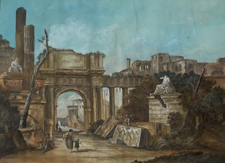 Ecole italienne fin XVIIIème siècle - Paysage animé aux ruines antiques - Gouac…