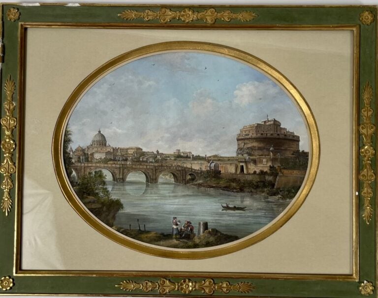 Ecole italienne XIXème - Vue de Rome avec le château Saint-Ange - Gouache de fo…