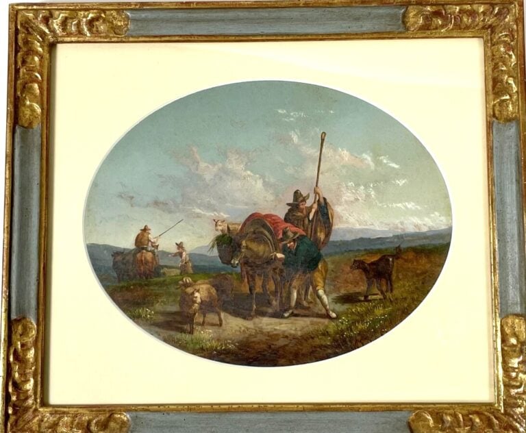 Ecole XIXème - "Bergère et ses moutons" - "Sur la route" - 2 Gouaches ovales -…