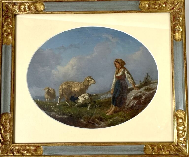 Ecole XIXème - &quot;Bergère et ses moutons&quot; - &quot;Sur la route&quot; - 2 Gouaches ovales -…