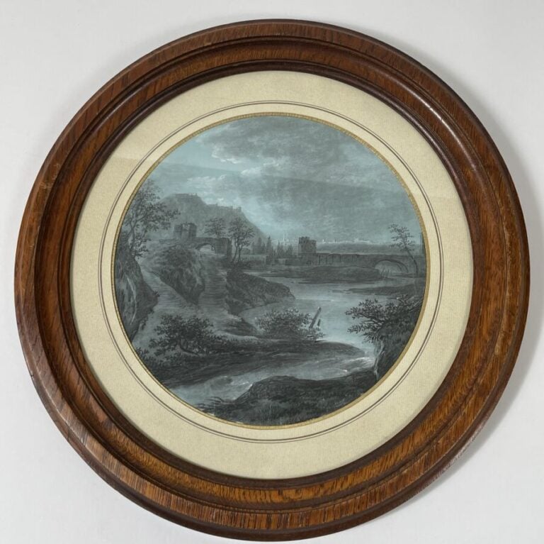 Ecole XIXème - Deux paysages à la rivière - Grisailles sur papier bleu - Diamèt…