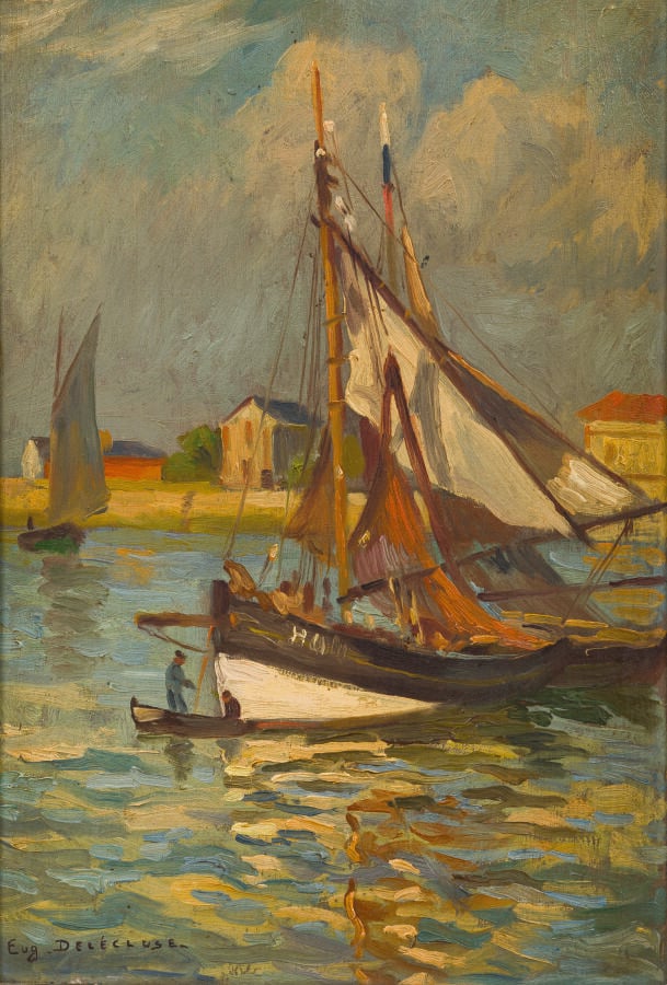 Eugène DELECLUZE (1882-1972) - Bateau de pêche, Honfleur - Huile sur panneau, s…