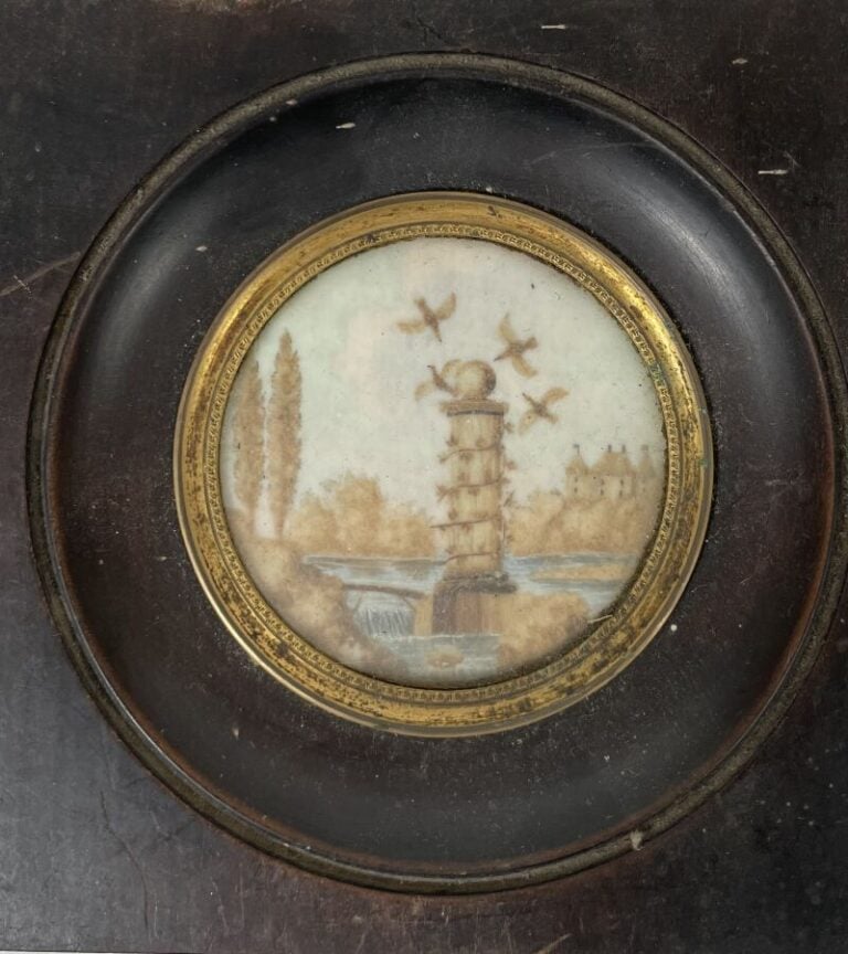 Lot de 2 Miniatures "Portrait de femme au ruban bleu" et "Paysage à la rivière…