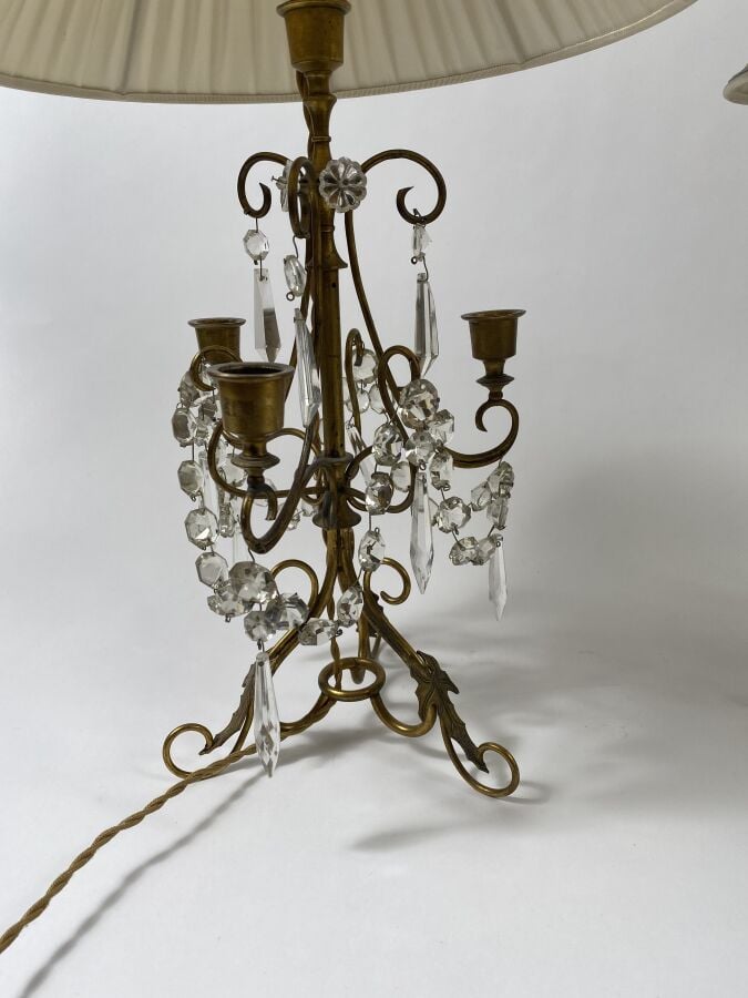 Paire de LAMPES en métal doré à enroulement et décor de feuillages en applicati…