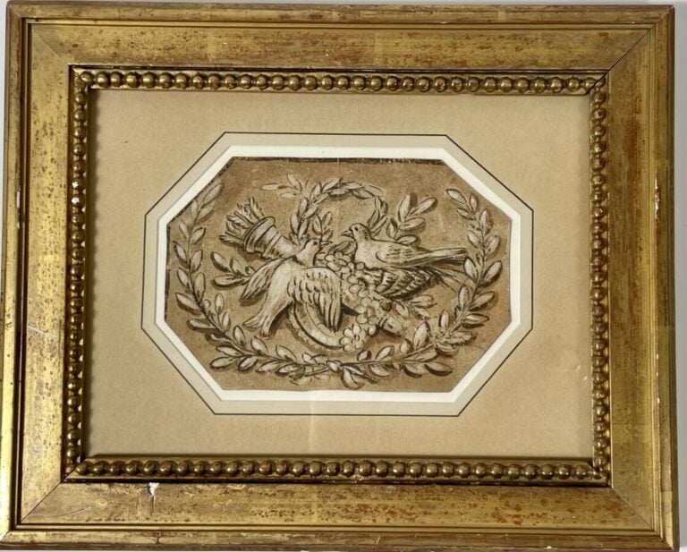 "Trophée aux instruments de musique" et "trophée aux colombes" - Encre et lavis…