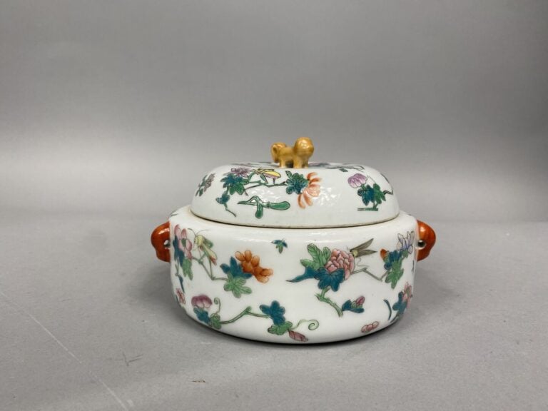 Chine - Boite couverte en porcelaine émaillée à décor de sauterelles, insectes…