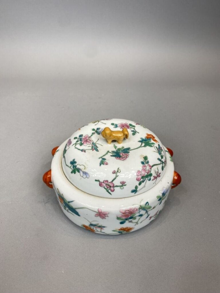 Chine - Boite couverte en porcelaine émaillée à décor de sauterelles, insectes…