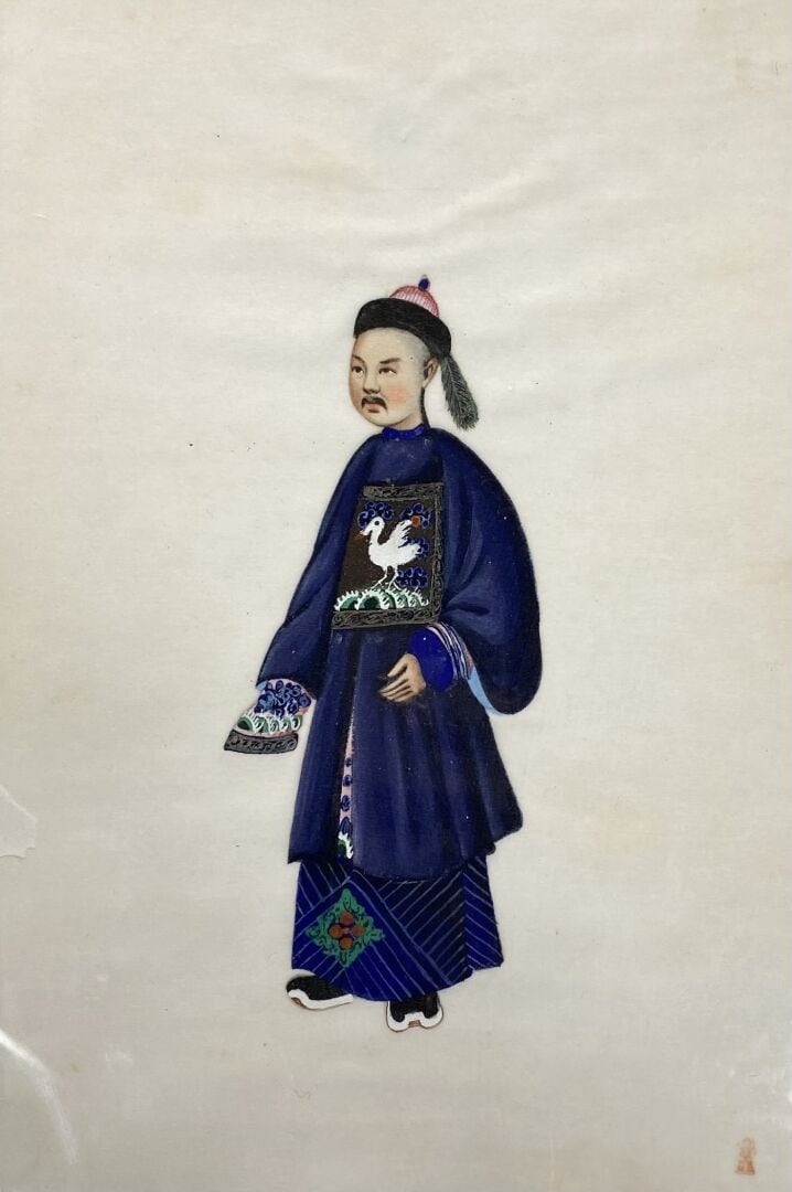 Chine, Canton - Suite de deux peintures sur papier de riz représentant un manda…