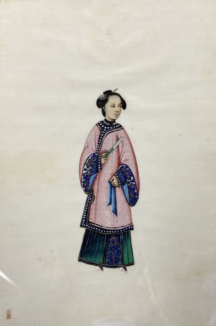Chine, Canton - Suite de deux peintures sur papier de riz représentant un manda…