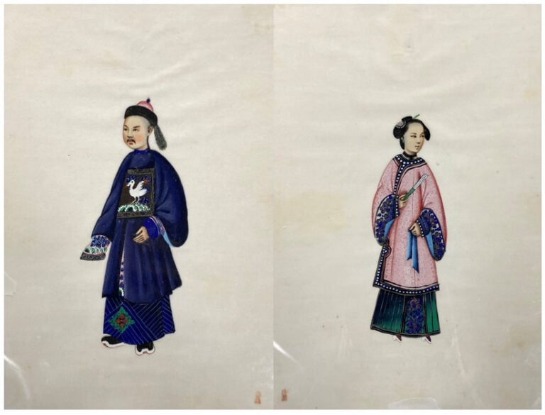 Chine, Canton - Suite de deux peintures sur papier de riz représentant un manda…
