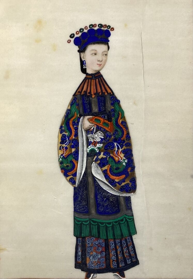 Chine, Canton - Suite de quatre peintures sur papier de riz représentant des je…