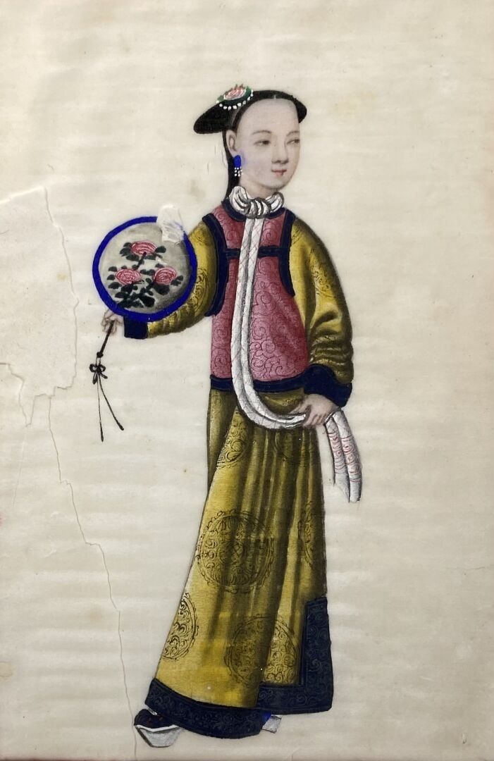 Chine, Canton - Suite de quatre peintures sur papier de riz représentant des je…