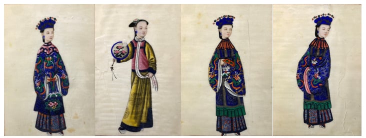 Chine, Canton - Suite de quatre peintures sur papier de riz représentant des je…